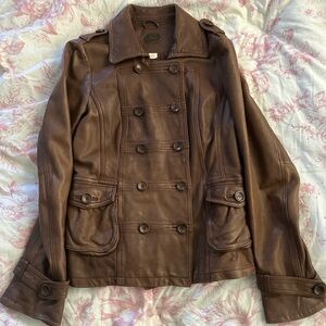 Brown leather button up jacket with double-breasted front
